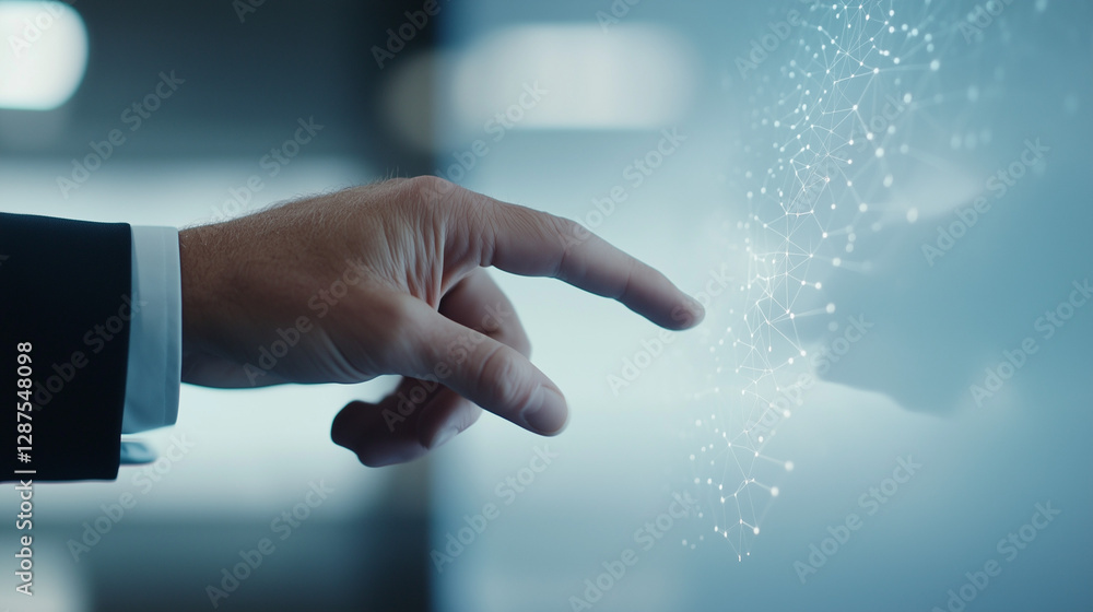 Poster touching the future: a close-up shot of a hand interacting with a futuristic touchscreen display. th