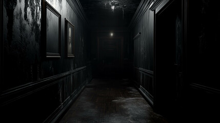 不気味な黒い壁と床の廊下