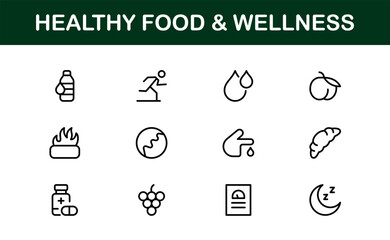 Healthy Food and Wellness Icons Set. Essential Icons for Healthy Eating, Nutrition, and Wellness Lifestyle