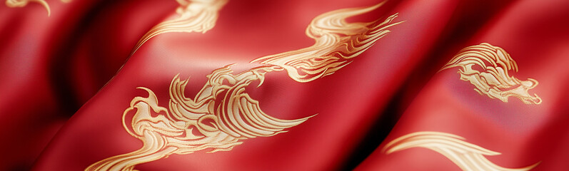 Crimson Fabric with Gold Pattern: A richly textured close-up of a crimson fabric, adorned with a flowing, golden pattern that evokes a sense of luxury and cultural richness.