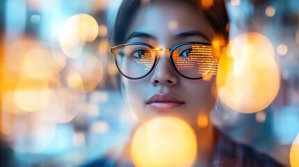 Focused Young Woman with Glasses Surrounded by Digital Bokeh Lights