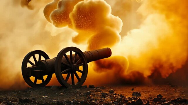 Historic cannon firing creates dramatic smoke and fire effect during reenactment at sunset