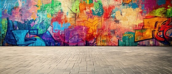 Vibrant graffiti mural on urban wall with pavement