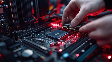 A person installing a component in computer motherboard