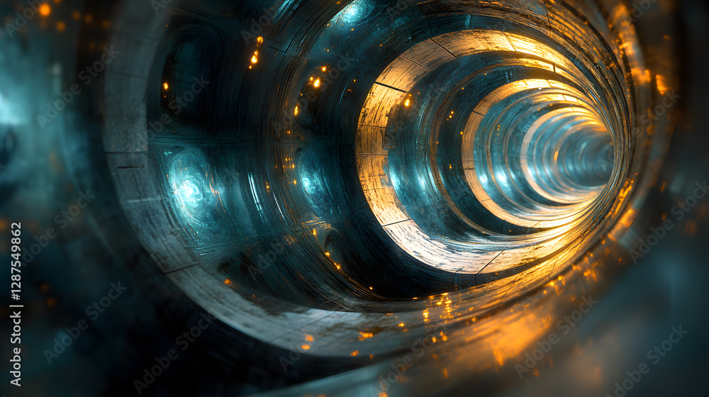 Poster tunnel with bright light at the end creating a sense of depth and journey