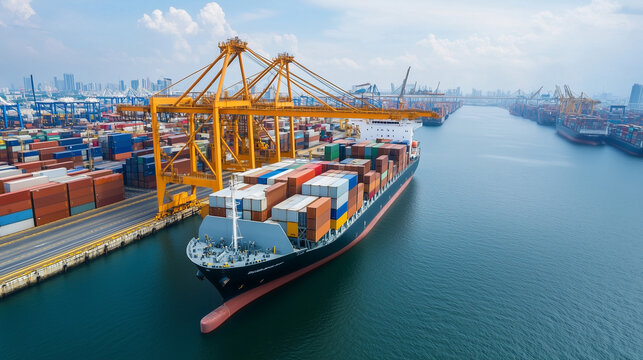 Global Trade Hub: A high-angle shot showcases a colossal container ship docked at a bustling port, laden with colorful shipping containers, under a clear blue sky.