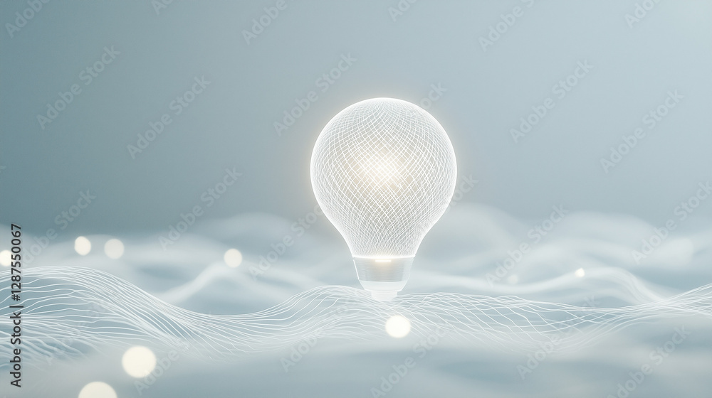 Poster illuminating ideas: a glowing lightbulb floats above a subtle, undulating surface, representing the 