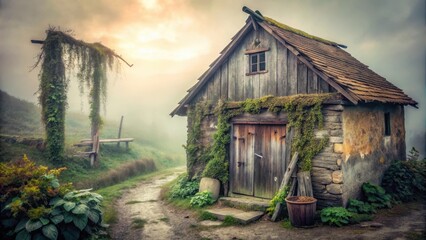 Obraz premium Misty Morning Path Leading to a Rustic, Moss-Covered Wooden Cabin with a Stone Foundation