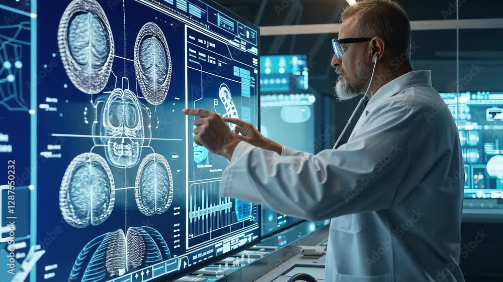 Poster scientist analyzes complex data on a futuristic display during a research project in a high-tech lab