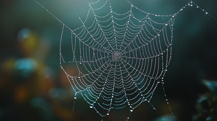 A spiderweb masterpiece, adorned with sparkling dew drops, delicate threads showcasing the beauty of nature s geometry, aweinspiring and fragile, ultrarealistic, 8K
