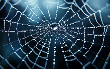 Fototapeta premium A stunning spiderweb with a glistening dew drop, embodying fragile beauty, mesmerizing geometry, and the aweinspiring perfection of nature, ultradetailed, 8K