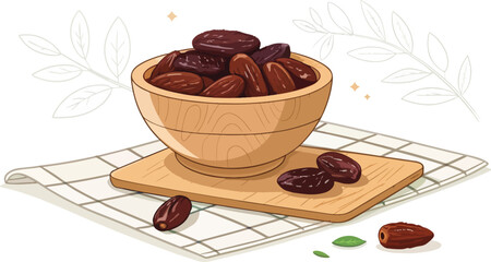 Dates in wooden bowl in kitchen illustration vector design
