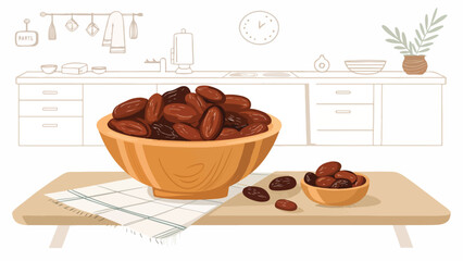Dates in wooden bowl in kitchen illustration vector design