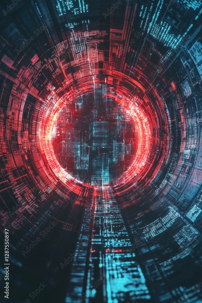 Poster abstract digital tunnel with red and blue glowing patterns conveying technology and data