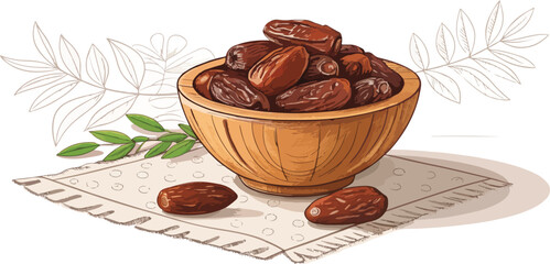 Dates in wooden bowl in kitchen illustration vector design