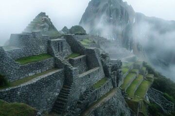 Machu Picchu ruins emerging from the fog in the Andes Mountains