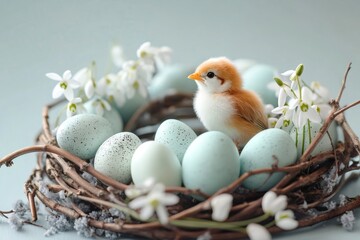 Cute chick standing in easter nest surrounded by pastel color eggs and spring flowers