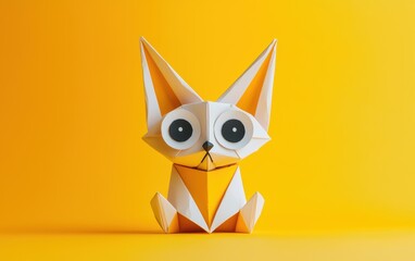 Cute paper monster with origami folds, fox-like ears, curious expression, on golden yellow background