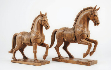 Fototapeta premium Two Wood Horse Statues Elegant Carved Equestrian Art Decor Display