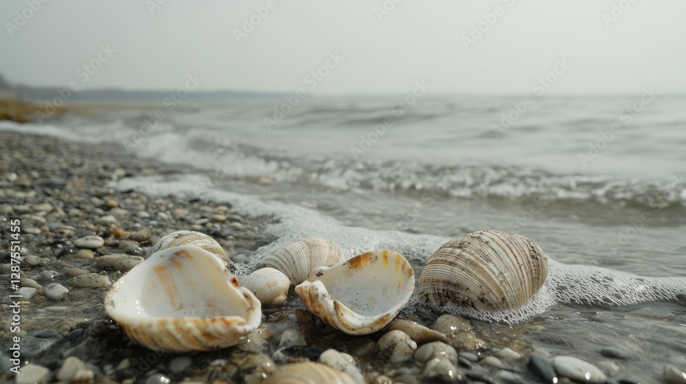 Poster seashells scattered on a pebbled beach with gentle waves and a hazy shoreline
