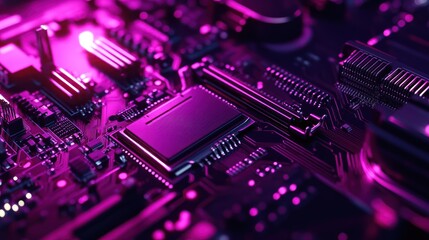 Fototapeta premium Neon Motherboard Close-up: A Cyberpunk Circuitry Abstract