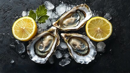 Fresh oysters on ice cubes, accompanied by lemon slices. Suitable for marketing or business purposes