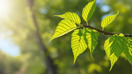 Fresh green leaves on tree branch illuminated by sunlight, creating serene and natural atmosphere in blurred nature background