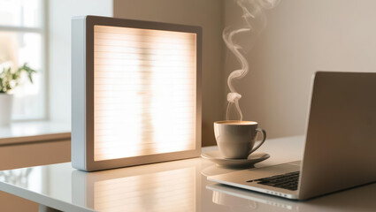 cozy home office setup with lightbox message board, laptop, and steaming coffee cup on reflective desk surface