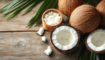 Fresh coconuts, coconut oil, and organic products on a wooden surface, tropical food for healthy eating, natural beauty and wellness, rustic wooden background texture