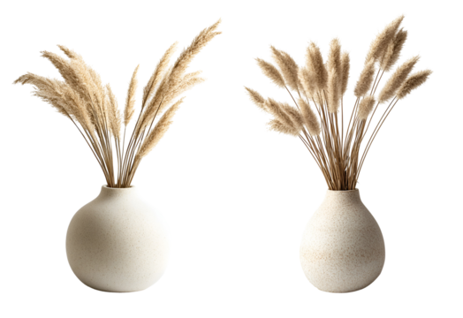 isolated of a beige round pot decorative vase with beige dried grass, on white
