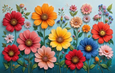 Vibrant Spring Flowers with Colorful Background Pattern for Greeting Cards