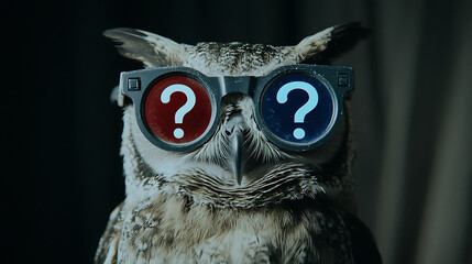 Wise Bird Wearing Red And Blue Glasses Against Dark Backgrounds with Question Marks on Them