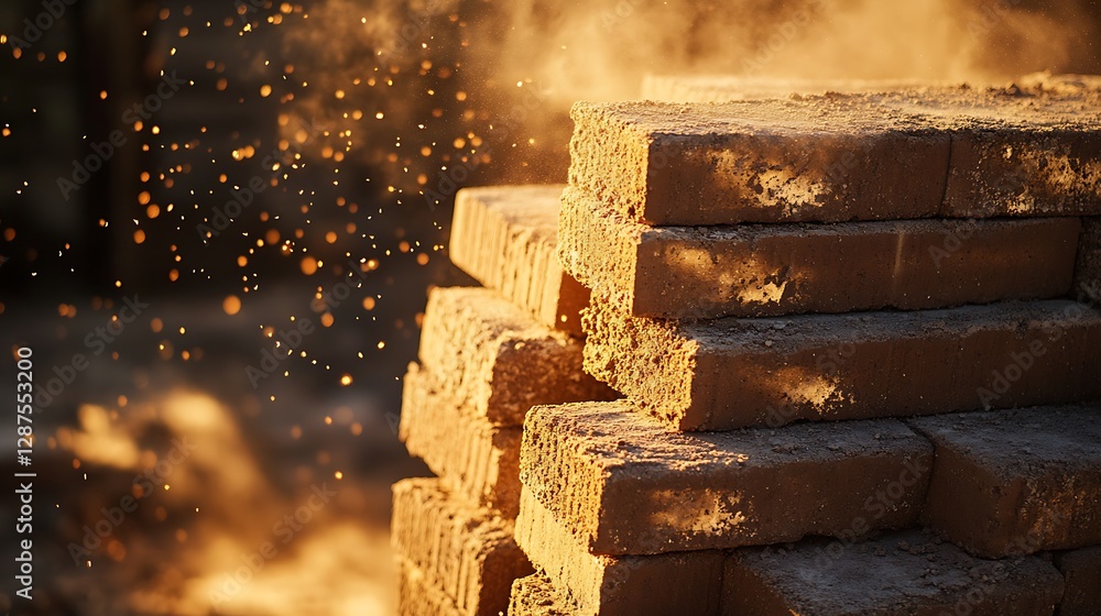 Poster stack of bricks in golden light with dust particles floating around