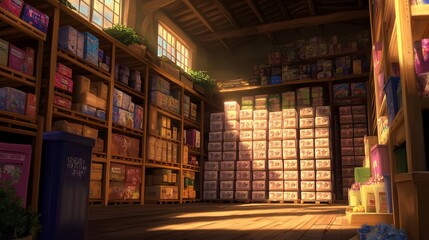 Sunlit warehouse storage, boxes, shelves, goods, rural setting, inventory management