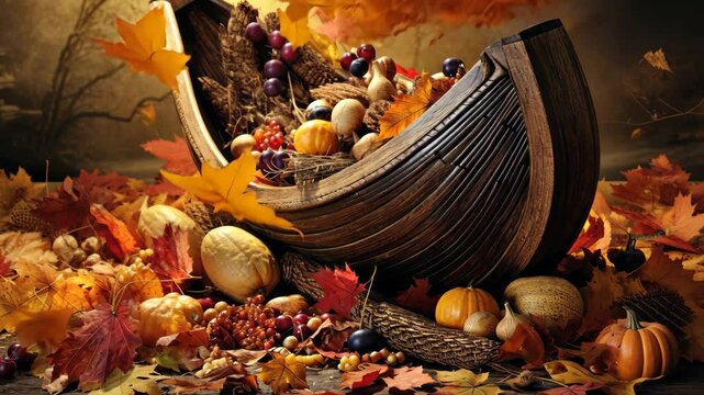 Autumn leaves gently falling into a rustic cornucopia brimming with colorful fruits and nuts, creating a warm and inviting atmosphere in a seasonal harvest setting