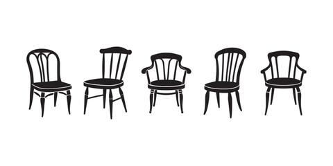 Black chair silhouettes group. Chair, table, bench Seating icons set Vector illustration