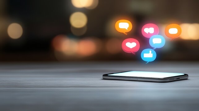Smartphone with Social Media Icons Hovering Over a Table Surface