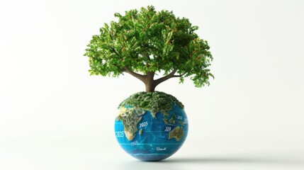 Earth Day 2025 design with a globe, green leaves, and 3D tree promoting a plastic-free planet.

