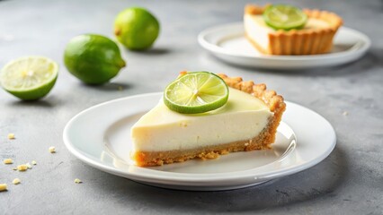 A delightful slice of creamy lime tart, garnished with a fresh lime wedge, rests on a pristine white plate, accompanied by whole limes and a hint of white chocolate shavings.