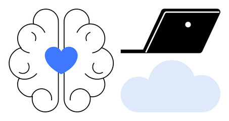 Brain with blue heart at center, laptop, and cloud icon. Ideal for technology, cloud computing, mental health, digital health, online communication, AI data storage abstract line flat metaphor