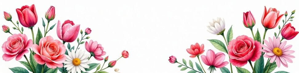 Fototapeta premium Vibrant watercolor illustration of a lover's bouquet with roses, daisies, and tulips, delicate, botanical, beauty