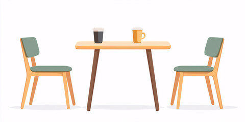 A simple illustration of a small wooden table with two chairs and drinks.