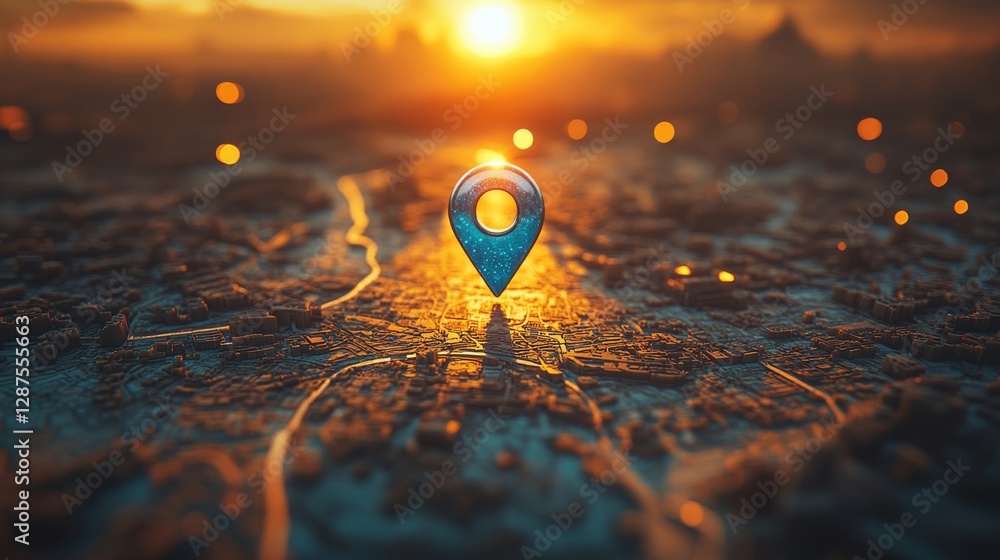 Poster digital map with location pin and glowing cityscape in warm sunset, conceptual vision of navigation 