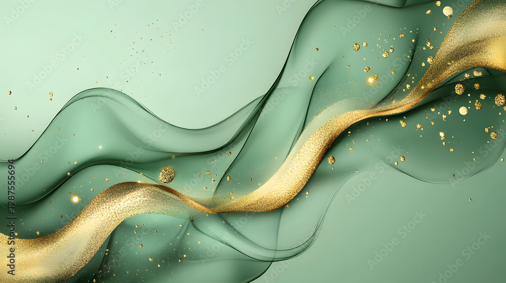 Poster green and gold abstract background with wavy pattern for creative design projects