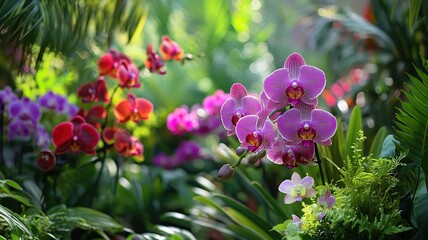 Obraz premium A garden scene featuring an array of orchids in various colors, with a striking purple orchid blooming in the foreground. The delicate petals shimmer against a backdrop of green foliage, 