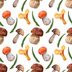 Seamless pattern with porcini mushroom chanterelle, birch bolete, aspen mushroom and spruce branch. The illustration is made in watercolor technique on an isolated background for your design