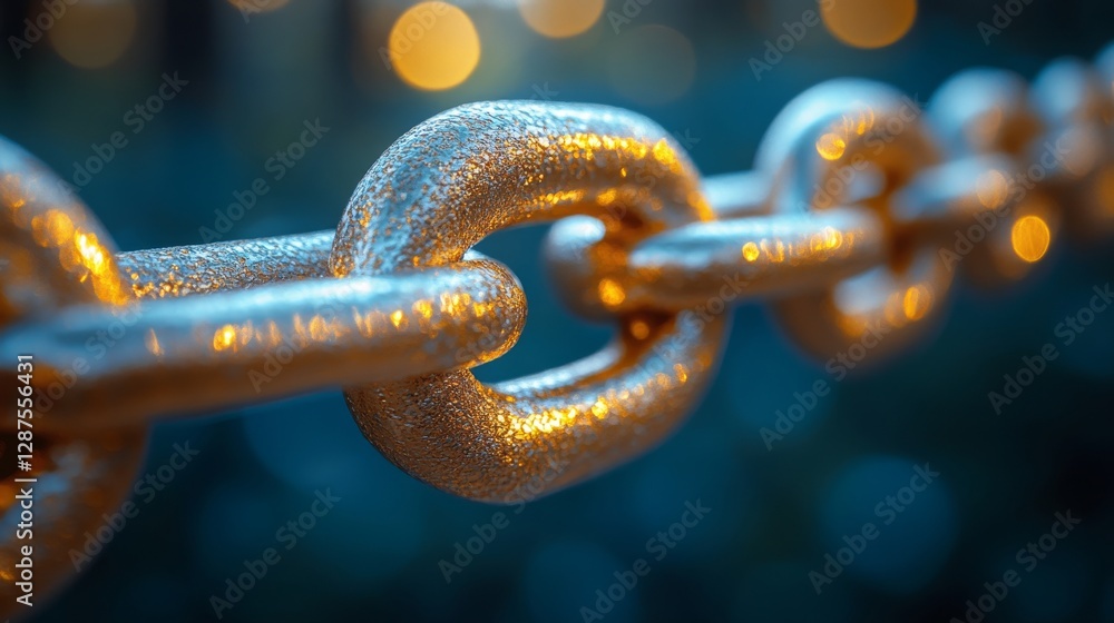 Aufkleber Close-up of a golden chain link on a blurred blue background with glowing bokeh lights. Strength and connection concept.