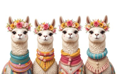 Fototapeta premium Whimsical Llamas Wearing Floral Crowns and Colorful Neck Accessories