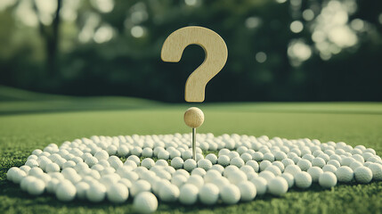 Wooden Question Mark on Golf Course Surrounded by Golf Balls
