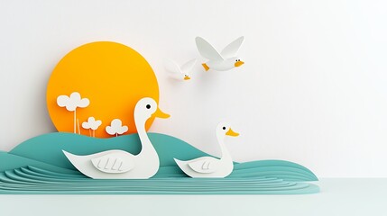Obraz premium White Paper Swans on Teal Water Under Orange Sun